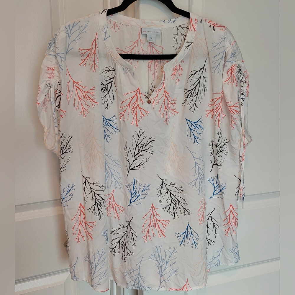 LIZ CLAIBORNE Womens V-Neck Pullover Short Sleeve Autumn Branch Size XXL 2X